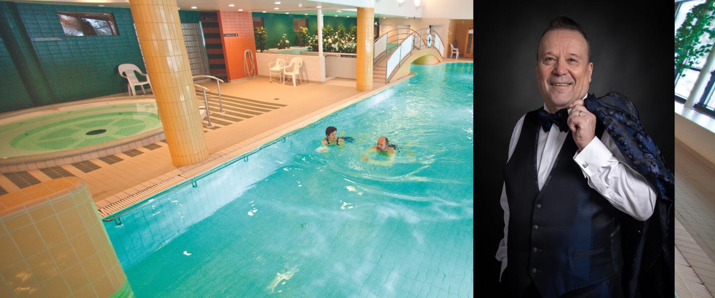 Lehmirannan kylpylän uima-altaalla kaksi ihmistä ui ja kuva artisti Jaska Mäkysestä.