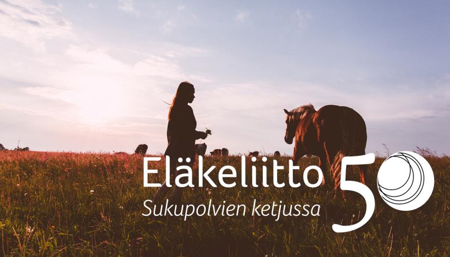 Tyttö ja hevonen ilta-auringossa pellolla ja eläkeliitto 50-v juhlavuoden logo