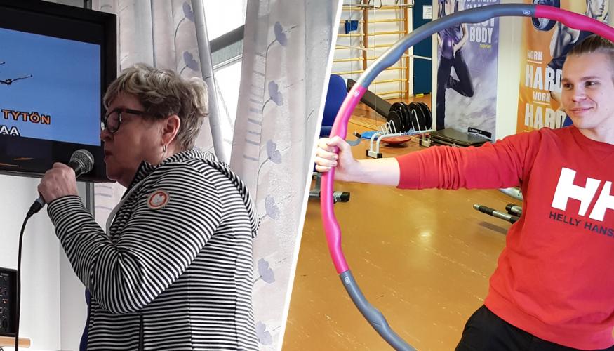 Kahden kuvan kollaasi: Vanhempi nainen laulamassa karaokea taustalla karaokenäyttö ja nuori mies punaisessa paidassa kuntosalilla poseeraa painohulavanteen läpi.
